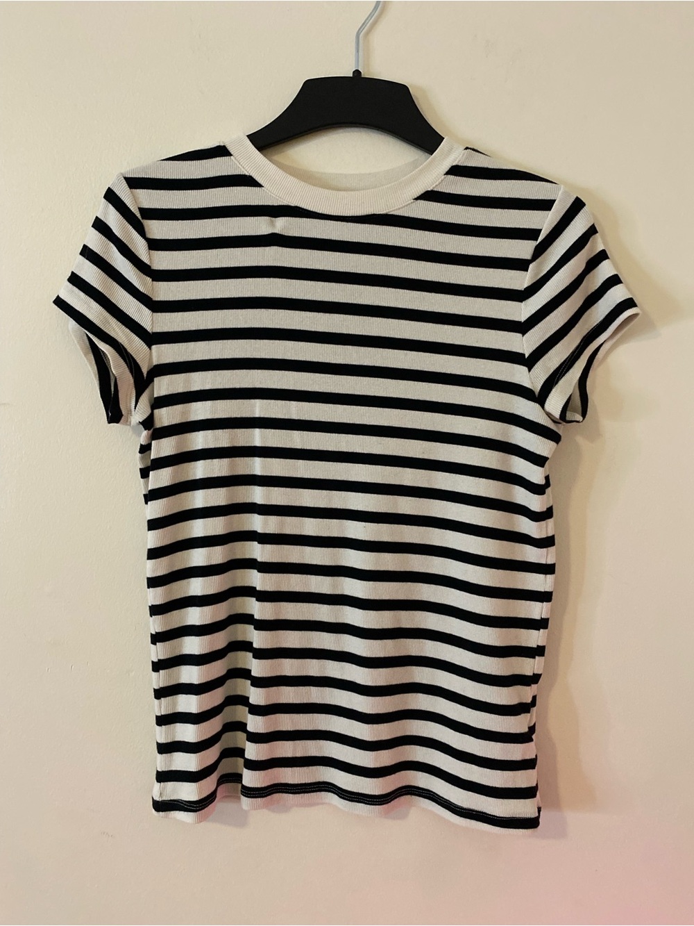 Striped cotton blend Short Sleeve Crewneck Top - Black & White